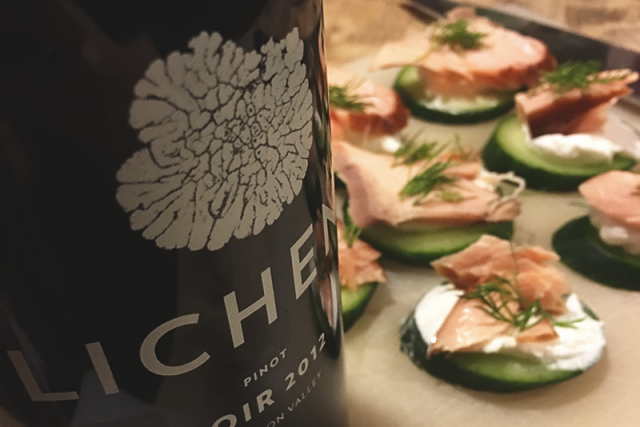 Lichen Pinot Noir with Salmon and Cucumber.