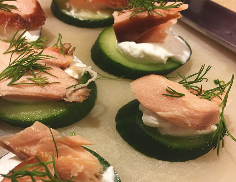 Smoked Salmon on Cucumber Discs with Yogurt and Dill.